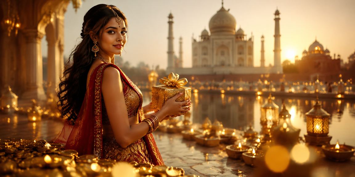 Taj Mahal illuminated for Diwali festival symbolizing Indian heritage and celebration