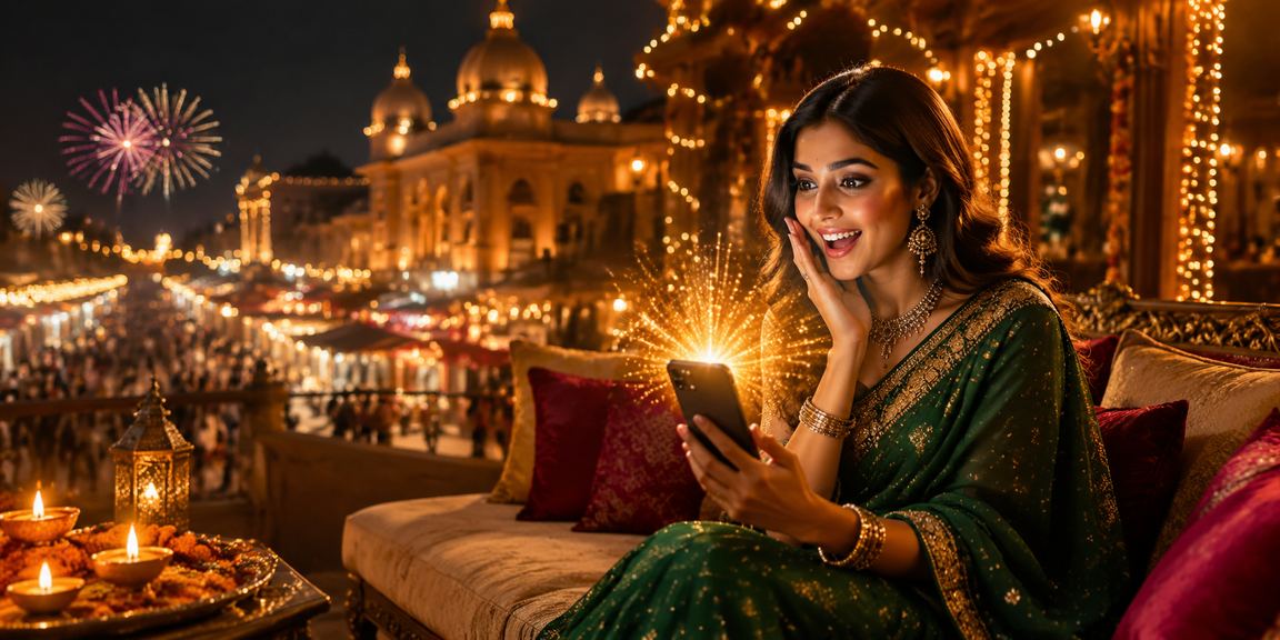 Indian woman playing Teen Patti on her mobile phone